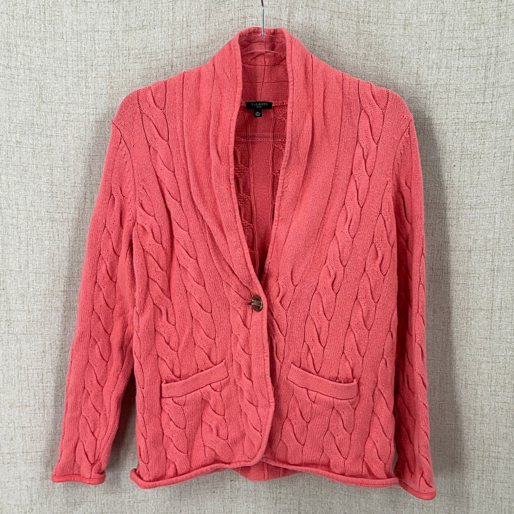 Talbots Cardigan Womens Medium Petite MP Pink Wool Cable Knit Shawl Classic